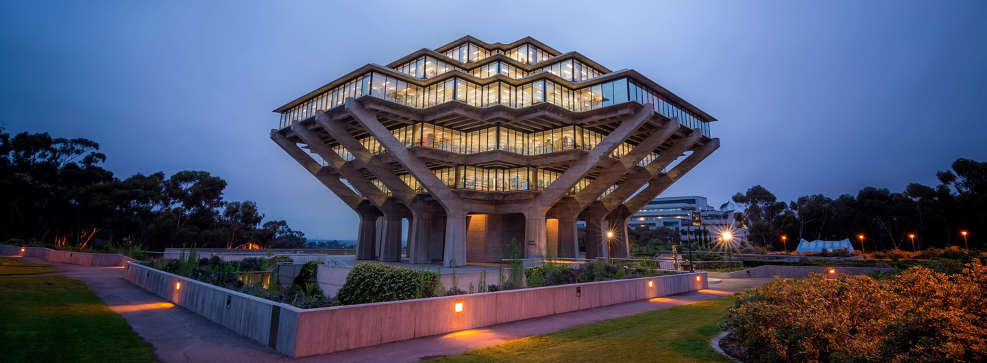 image of geisel library at dusk